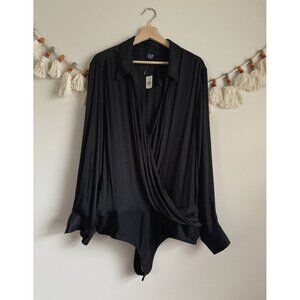 Gap Wrap Collar Black Satin Long Sleeve Surplice Thong Bodysuit Modest NWT XXL